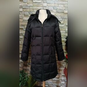 Chic Womens Large Black Quilted Down Filled Trench Jacket Puffer Hooded